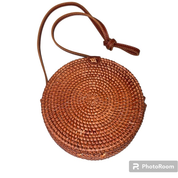 Handbags - Rattan Woven Round Crossbody With Leather Strap Brown Lined Snap Closure